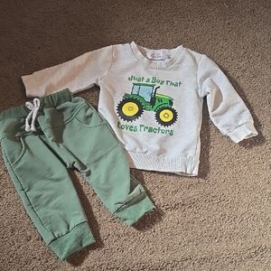 Green Tractor Graphic Sweatshirt & Grey Jogger Set for Boys